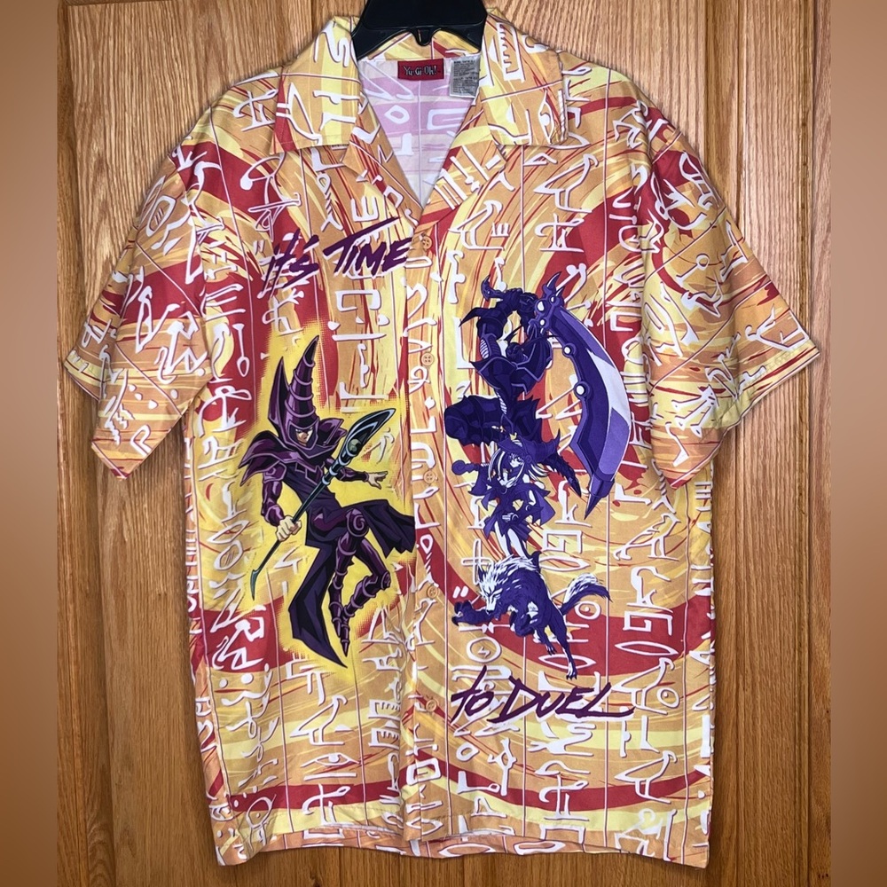 VINTAGE 90s Yu-Gi-Oh‎ Manga Dark Magician Anime Button Down Shirt Youth XL 14/16